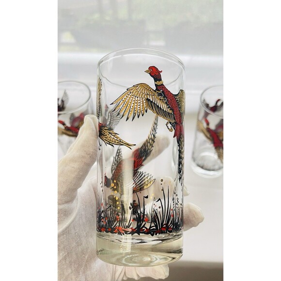 VTG Hazel Atlas Glasses Lot of 3 – 22K Gold Leaf & Enamel Pheasant Design – 1950 - Picture 4 of 10